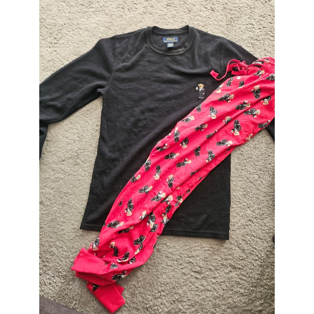 Polo Ralph Lauren Womens Pajama Set Black Waffle Thermal Top Red Bear Pants S
